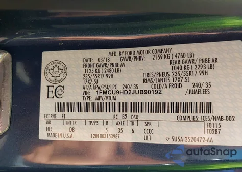 2018 Ford Escape Sel из США, поврежденный, VIN 1FMCU9HD2JUB90192